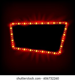 Retro Showtime 1950s Sign Design. Neon Lamps billboard on dark background. American casino advertisement, vector illustration. Cinema and theater Signage Light Bulbs Frame for Sale flyers