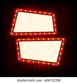 Retro Showtime 1950s Sign Design. Neon Lamps billboard on dark background. American casino advertisement, vector illustration. Cinema and theater Signage Light Bulbs Frame for Sale flyers