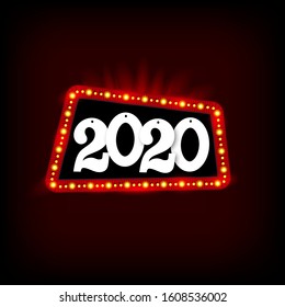 Retro Showtime 2020s Frame Design. Neon Lamps Advertising billboard on dark. Hollywood sign, casino light element. Vector Cinema and theater Banner Light Bulbs for Sale flyers new year