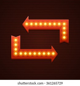 Retro Showtime Sign Design. Arrows Cinema Signage Light Bulbs Frame and Neon Lamps on brick wall background. American advertisement style vector illustration.