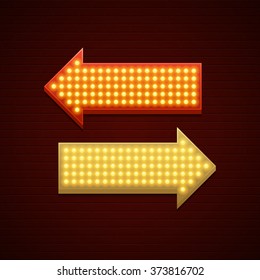 Retro Showtime Sign Design. Arrows Cinema Signage Light Bulbs and Neon Lamps on brick wall background. American advertisement style vector illustration.