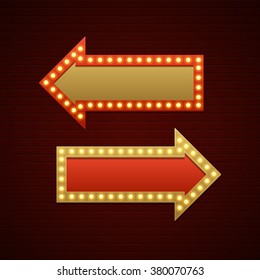 Retro Showtime Sign Design. Pfeile Cinema Signage Light Bulbs und Neon Lamps auf Backsteinwand Hintergrund. Amerikanische Vektorgrafik im Werbestil.