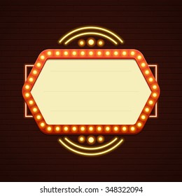 Retro Showtime Sign Design. Cinema Signage Light Bulbs Frame and Neon Lamps on brick wall background. American advertisement style vector illustration.