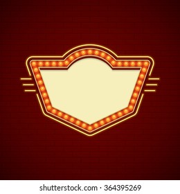 Retro Showtime Sign Design. Cinema Signage Light Bulbs Frame and Neon Lamps on brick wall background. American advertisement style vector illustration. 1950s Sign Design, Retro Signage, Sale.