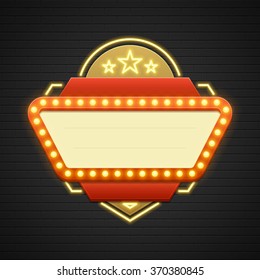 Retro Showtime Sign Design. Cinema Signage Light Bulbs Frame and Neon Lamps on brick wall background. American advertisement style vector illustration. 1950s Sign Design, Retro Signage, Sale.