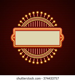 Retro Showtime Sign Design. Cinema Signage Light Bulbs Frame and Neon Lamps on brick wall background. American advertisement style vector illustration. 1950s Sign Design, Retro Signage, Sale.