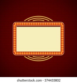 Retro Showtime Sign Design. Cinema Signage Light Bulbs Frame and Neon Lamps on brick wall background. American advertisement style vector illustration. 1950s Sign Design, Retro Signage, Sale.