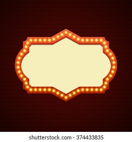 Retro Showtime Sign Design. Cinema Signage Light Bulbs Frame and Neon Lamps on brick wall background. American advertisement style vector illustration. 1950s Sign Design, Retro Signage, Sale.