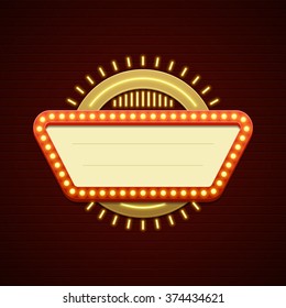 Retro Showtime Sign Design. Cinema Signage Light Bulbs Frame and Neon Lamps on brick wall background. American advertisement style vector illustration. 1950s Sign Design, Retro Signage, Sale.