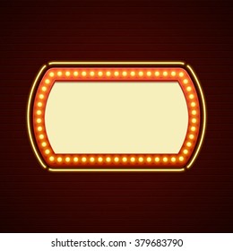 Retro Showtime Sign Design. Cinema Signage Light Bulbs Frame and Neon Lamps on brick wall background. American advertisement style vector illustration. 1950s Sign Design, Retro Signage, Sale.