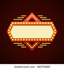 Retro Showtime Sign Design. Cinema Signage Light Bulbs Frame and Neon Lamps on brick wall background. American advertisement style vector illustration. 1950s Sign Design, Retro Signage, Sale.