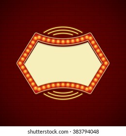 Retro Showtime Sign Design. Cinema Signage Light Bulbs Frame and Neon Lamps on brick wall background. American advertisement style vector illustration. 1950s Sign Design, Retro Signage, Sale.