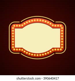 Retro Showtime Sign Design. Cinema Signage Light Bulbs Frame and Neon Lamps on brick wall background. American advertisement style vector illustration. 1950s Sign Design, Retro Signage, Sale.