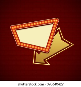 Retro Showtime Sign Design. Cinema Signage Light Bulbs Frame and Neon Lamps on brick wall background. American advertisement style vector illustration. 1950s Sign Design, Retro Signage, Sale.