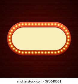 Retro Showtime Sign Design. Cinema Signage Light Bulbs Frame and Neon Lamps on brick wall background. American advertisement style vector illustration. 1950s Sign Design, Retro Signage, Sale.