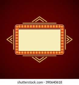 Retro Showtime Sign Design. Cinema Signage Light Bulbs Frame and Neon Lamps on brick wall background. American advertisement style vector illustration. 1950s Sign Design, Retro Signage, Sale.