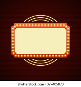 Retro Showtime Sign Design. Cinema Signage Light Bulbs Frame and Neon Lamps on brick wall background. American advertisement style vector illustration. 1950s Sign Design, Retro Signage, Sale.