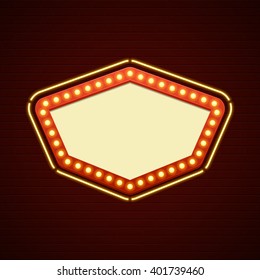 Retro Showtime Sign Design. Cinema Signage Light Bulbs Signage Billboard Frame and Neon Lamps on brick wall background. 