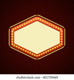 Retro Showtime Sign Design. Cinema Signage Light Bulbs Signage Billboard Frame and Neon Lamps on brick wall background. 