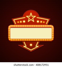 Retro Showtime Sign Design. Cinema Signage Light Bulbs Billboard Frame And Neon Lamps On Brick Wall Background. 1850s Signboard Style Vector Illustration.