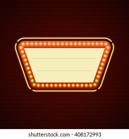 Retro Showtime Sign Design. Cinema Signage Light Bulbs Billboard Frame and Neon Lamps on brick wall background. 1850s Signboard Style Vector Illustration.