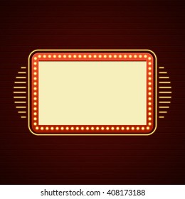 Retro Showtime Sign Design. Cinema Signage Light Bulbs Billboard Frame and Neon Lamps on brick wall background. 1850s Signboard Style Vector Illustration.