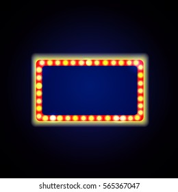 Retro Showtime Sign Design. Neon Lamps billboard on dark background. American advertisement, vector illustration. Cinema and theater Signage Light 