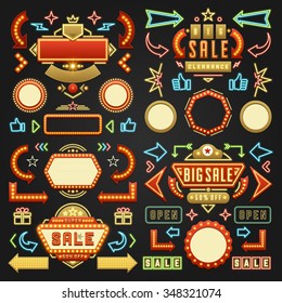 Retro Showtime Signs Design Elements Set. Bright Billboard Signage Light Bulbs, Frames, Arrows, Icons and Neon Lamps. American advertisement style vector illustration.