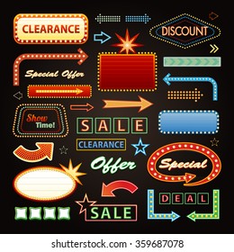 Retro Showtime Signs Design Elements and Bright Billboard Signage Light Bulbs frame and arrows