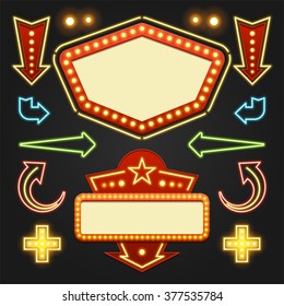 Retro Showtime Signs Design Elements Set. Bright Billboard Signage Light Bulbs, Frames, Arrows, Icons, Neon Lamps. American advertisement style vector illustration, 1950s Sign Design, Retro Signage.