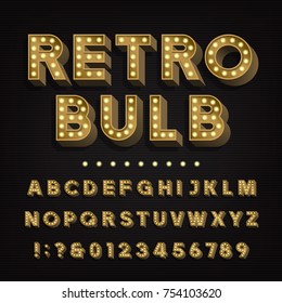 Retro sign alphabet. 3D vintage light bulb type letters and numbers. Signboard font. Stock vector typeface for your headers and any typography design.