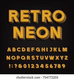 Retro sign alphabet. 3D vintage neon letters and numbers. Signboard font. Stock vector typeface for your headers and any typography design.