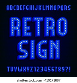 Retro sign alphabet font. 3D type letters with light bulbs and shadows. Vector typeface for your design.