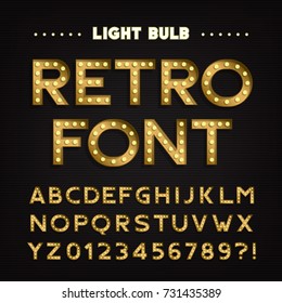 Retro sign alphabet. Vintage light bulb type letters and numbers. Signboard font. Stock vector typeface for your headers and any typography design.