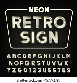 Retro Sign Alphabet. Vintage Neon Tube Type Letters And Numbers. Signboard Vector Font.