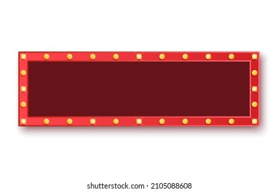 Bannière rétro avec ampoules lumineuses. Panneau d'affichage de l'album pour cinéma, spectacle de bar ou restaurant. Rectangle brillant de néon vintage. Conception de modèle pour la décoration et la signalisation vintage. Image vectorielle