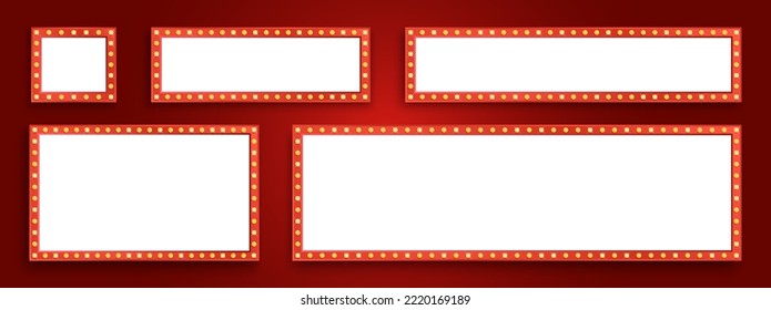 Retro sign banner set. Lightbox billboard for cinema, bar show or restaurant. Marquee neon rectangle with illuminated light bulbs. Template design for vintage decoration and signboard. Vector