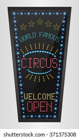 Retro sign with blue lights and the word circus.vector