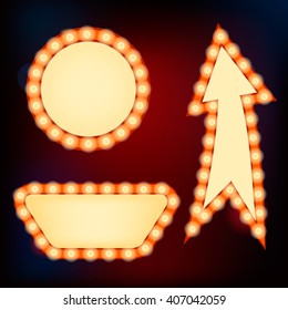 Retro sign with empty space for text and realistic glowing lights.Signs Design Elements Set  with Neon Lamps