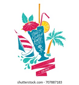 Retro Sign with Hand-drawn Illustration of Cocktail Glass, Palm Tree and Sailing Boat