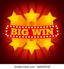 Retro sign with lamp Big Win banner. Vector illustration design with poker, playing cards, slots and roulette.