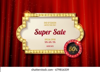 Retro sign with lamp Biggest Sale vector illustration. Special offer illustration design with graphic element, emblem, discount, web page, flyer, promotion, application etc.