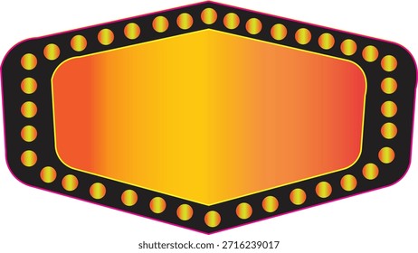Anuncio de marco de luz de signo retro con degradado naranja y amarillo vibrante para un diseño de carpa clásico con un contorno rosa y detalle de bombilla sobre fondo transparente