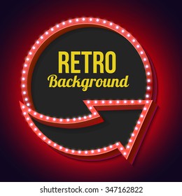 Retro sign with lights. Volume arrows and circle with empty space for your advertising text messages. Red 3d frame with lamps and light on a dark background. Vector illustration