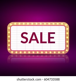 Retro sign sale banner. Vector illustration design, web, poster flyer design. Casino glowing signboard. Sale market sign.
