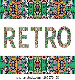 Retro sign with tribal ethnic ornament. Decorative arabic frame border pattern. Vector background or card design.