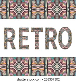 Retro sign with tribal ethnic ornament. Decorative arabic frame border pattern. Vector background or card design.