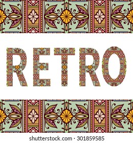 Retro sign with tribal ethnic ornament. Decorative arabic frame border pattern. Vector background or card design.