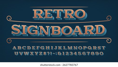 Fonte do alfabeto da placa de assinatura retrô. Letras e números de laje de serif vintage. A face de tipos vetorial para o seu desenho tipográfico.
