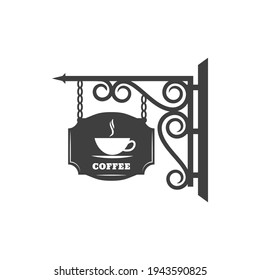 Retro signboard of coffee shop or cafe, cafeteria retro sign with forged metal ornament and chains. Vector board with antique forged ornaments, cafeteria or cafe sign, coffee restaurant signage